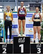 25 January 2020; U23 Women's 800m medallists, from left, Rose Finnegan of UCD AC, Dublin, silver, Claire Fagan of Mullingar Harriers AC, Westmeath, gold, and Richael Browne of Sli Cualann AC, Wicklow, bronze, during the Irish Life Health National Indoor Junior and U23 Championships at the AIT Indoor Arena in Athlone, Westmeath. Photo by Sam Barnes/Sportsfile