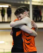 25 January 2020; Darragh Miniter of Nenagh Olympic AC, Tipperary, left, and Joseph Mc Evoy of Nenagh Olympic AC, embrace after competing in the Junior Men's 60m Hurdles during the Irish Life Health National Indoor Junior and U23 Championships at the AIT Indoor Arena in Athlone, Westmeath. Photo by Sam Barnes/Sportsfile
