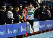 25 January 2020; Mark Smyth of Raheny Shamrock AC, Dublin, celebrates winning the U23 Men's 200m during the Irish Life Health National Indoor Junior and U23 Championships at the AIT Indoor Arena in Athlone, Westmeath. Photo by Sam Barnes/Sportsfile