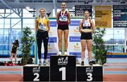 25 January 2020; U23 Women's 800m medallists, from left, Rose Finnegan of UCD AC, Dublin, silver, Claire Fagan of Mullingar Harriers AC, Westmeath, gold, and Richael Browne of Sli Cualann AC, Wicklow, bronze, during the Irish Life Health National Indoor Junior and U23 Championships at the AIT Indoor Arena in Athlone, Westmeath. Photo by Sam Barnes/Sportsfile