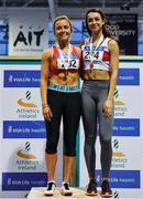 25 January 2020; Women's U23 60m Hurdles medallists, Sarah Quinn of St. Colmans South Mayo AC, gold, and Emily Russell of Galway City Harriers AC, bronze, during the Irish Life Health National Indoor Junior and U23 Championships at the AIT Indoor Arena in Athlone, Westmeath. Photo by Sam Barnes/Sportsfile