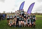 12 February 2020; First place team Belvedere College, centre, second place team St Kieran's Kilkenny, left, and third place team St Joseph's Drogheda following the Irish Life Health Leinster Schools’ Cross Country Championships 2020 at Santry Demesne in Dublin. Photo by David Fitzgerald/Sportsfile