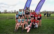 12 February 2020; First place team St Dominics Cabra, centre, second place team Loreto Kilkenny, left, and third place team Wesley College following the Senior Girls race during the Irish Life Health Leinster Schools’ Cross Country Championships 2020 at Santry Demesne in Dublin. Photo by David Fitzgerald/Sportsfile