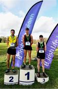 12 February 2020; Intermediate Boys race medallists, from left, Abdel Laadjel of Kisoge Community College, silver, Scott Fagan of Luttrellstown Community College, gold, and Dara O'Donoghue of Lucan Community College, bronze, during the Irish Life Health Leinster Schools’ Cross Country Championships 2020 at Santry Demesne in Dublin. Photo by David Fitzgerald/Sportsfile