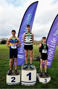 12 February 2020; Senior Boys race medallists, from left, Louis O'Loughlin of Moyle Park College, silver, Shay McEvoy of St Kieran's Kilkenny, gold, and Daniel Stone of Belvedere College, bronze, during the Irish Life Health Leinster Schools’ Cross Country Championships 2020 at Santry Demesne in Dublin. Photo by David Fitzgerald/Sportsfile