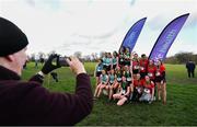 12 February 2020; First place team St Dominics Cabra, centre, second place team Loreto Kilkenny, left, and third place team Wesley College following the Senior Girls race during the Irish Life Health Leinster Schools’ Cross Country Championships 2020 at Santry Demesne in Dublin. Photo by David Fitzgerald/Sportsfile