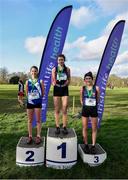 12 February 2020; Senior Girls race medallists, from left, Aoife Ní Chofaigh of Colaiste Cois Life, silver, Celine Gavin of St Dominics Cabra, gold, and Holly Brennan of Sacred Heart Drogheda, bronze, during the Irish Life Health Leinster Schools’ Cross Country Championships 2020 at Santry Demesne in Dublin. Photo by David Fitzgerald/Sportsfile