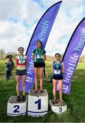 12 February 2020; Intermediate Girls race medallists, from left, Claragh Keane of Presenation Wexford, silver, Eimear Maher of Mount Anville, gold, and Pheobe Bate of Loreto Mullingar, bronze, during the Irish Life Health Leinster Schools’ Cross Country Championships 2020 at Santry Demesne in Dublin. Photo by David Fitzgerald/Sportsfile