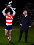 12 February 2020; CIT captain Kieran Murphy lifts the cup as Uachtarán Chumann Lúthchleas Gael John Horan looks on after the Trench Cup Final match between Mary Immaculate College Limerick and CIT at Dublin City University Sportsgrounds in Glasnevin, Dublin. Photo by Piaras Ó Mídheach/Sportsfile