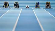 12 February 2020; An empty starting block and lane is seen during the heats of the Wild Atlantic Apartments Men's 60m event after Su Bingtian of China was advised not to travel due to the outbreak of the coronavirus during the AIT International Grand Prix 2020 at AIT International Arena in Athlone, Westmeath. Photo by Sam Barnes/Sportsfile