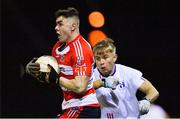 12 February 2020; Adam McAuliffe of CIT in action against Christy O'Hagan of Mary Immaculate College Limerick during the Trench Cup Final match between Mary Immaculate College Limerick and CIT at Dublin City University Sportsgrounds in Glasnevin, Dublin. Photo by Piaras Ó Mídheach/Sportsfile