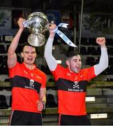 12 February 2020; UCC captains Paddy O'Loughlin, left, and Eoghan Murphy lift the cup after the Fitzgibbon Cup Final match between UCC and IT Carlow at Dublin City University Sportsgrounds in Glasnevin, Dublin. Photo by Piaras Ó Mídheach/Sportsfile