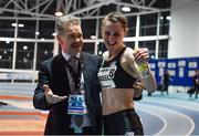 12 February 2020; Ciara Mageean of Ireland, with meet director Prof Ciarán Ó Catháin, after winning the final of the TG4 Women's 3000m event, in a personal best time of 8:48.27, during the AIT International Grand Prix 2020 at AIT International Arena in Athlone, Westmeath. Photo by Sam Barnes/Sportsfile