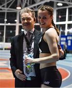 12 February 2020; Ciara Mageean of Ireland, with meet director Prof Ciarán Ó Catháin, after winning the final of the TG4 Women's 3000m event, in a personal best time of 8:48.27, during the AIT International Grand Prix 2020 at AIT International Arena in Athlone, Westmeath. Photo by Sam Barnes/Sportsfile