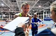 12 February 2020; Ciara Mageean of Ireland with supporters after winning the final of the TG4 Women's 3000m event, in a personal best time of 8:48.27, during the AIT International Grand Prix 2020 at AIT International Arena in Athlone, Westmeath. Photo by Sam Barnes/Sportsfile