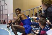 12 February 2020; Supporter remove the number from the back of Samuel Tefera of Ethiopia after he won the AIT Mile event during the AIT International Grand Prix 2020 at AIT International Arena in Athlone, Westmeath. Photo by Sam Barnes/Sportsfile