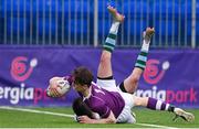 13 February 2020; Michael Spillane of Clongowes Wood College scores a try despite the tackle of Patrick Burke of St Gerards School during the Bank of Ireland Leinster Schools Senior Cup Second Round match between Clongowes Wood College and St Gerard's School at Energia Park in Dublin. Photo by Matt Browne/Sportsfile