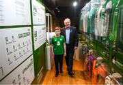 13 February 2020; Former Republic of Ireland international Ray Houghton with Shea Mulholland, age 12, from Portadown, Armagh, during the National Football Exhibition Launch at the County Museum in Dundalk, Co Louth. The Football Association of Ireland, Dublin City Council and The Department of Transport, Tourism and Sport have joined forces to create a National Football Exhibition as part of the build up to Ireland’s Aviva Stadium playing host to four matches in the UEFA EURO 2020 Championships in June. The Exhibition is a celebration of Irish football and 60 Years of the European Championships. The Exhibition will be running in the County Museum, Dundalk, Co. Louth from February 14th – 29th. Photo by Stephen McCarthy/Sportsfile