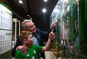 13 February 2020; Former Republic of Ireland international Ray Houghton with Shea Mulholland, age 12, from Portadown, Armagh, during the National Football Exhibition Launch at the County Museum in Dundalk, Co Louth. The Football Association of Ireland, Dublin City Council and The Department of Transport, Tourism and Sport have joined forces to create a National Football Exhibition as part of the build up to Ireland’s Aviva Stadium playing host to four matches in the UEFA EURO 2020 Championships in June. The Exhibition is a celebration of Irish football and 60 Years of the European Championships. The Exhibition will be running in the County Museum, Dundalk, Co. Louth from February 14th – 29th. Photo by Stephen McCarthy/Sportsfile