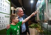 13 February 2020; Former Republic of Ireland international Ray Houghton with Shea Mulholland, age 12, from Portadown, Armagh, during the National Football Exhibition Launch at the County Museum in Dundalk, Co Louth. The Football Association of Ireland, Dublin City Council and The Department of Transport, Tourism and Sport have joined forces to create a National Football Exhibition as part of the build up to Ireland’s Aviva Stadium playing host to four matches in the UEFA EURO 2020 Championships in June. The Exhibition is a celebration of Irish football and 60 Years of the European Championships. The Exhibition will be running in the County Museum, Dundalk, Co. Louth from February 14th – 29th. Photo by Stephen McCarthy/Sportsfile