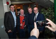 13 February 2020; Former Republic of Ireland international and current FAI Interim Deputy Chief Executive Niall Quinn, left, and former Republic of Ireland player and manager Steve Staunton pose for a photograph with Martin Connolly, Dundalk General Manager, and Gerry Kelly, LMFM, during the National Football Exhibition Launch at the County Museum in Dundalk, Co Louth. The Football Association of Ireland, Dublin City Council and The Department of Transport, Tourism and Sport have joined forces to create a National Football Exhibition as part of the build up to Ireland’s Aviva Stadium playing host to four matches in the UEFA EURO 2020 Championships in June. The Exhibition is a celebration of Irish football and 60 Years of the European Championships. The Exhibition will be running in the County Museum, Dundalk, Co. Louth from February 14th – 29th. Photo by Stephen McCarthy/Sportsfile