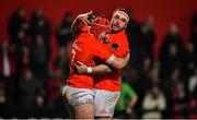 14 February 2020; John Hodnett of Munster, left, celebrates with team-mate James Cronin after scoring their fifth try during the Guinness PRO14 Round 11 match between Munster and Isuzu Southern Kings at Irish Independent Park in Cork. Photo by Brendan Moran/Sportsfile