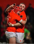 14 February 2020; John Hodnett of Munster, left, celebrates with team-mate James Cronin after scoring their fifth try during the Guinness PRO14 Round 11 match between Munster and Isuzu Southern Kings at Irish Independent Park in Cork. Photo by Brendan Moran/Sportsfile