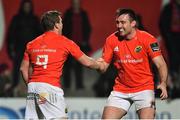 14 February 2020; Neil Cronin of Munster celebrates with team-mate Niall Scannell, right, after scoring their side's sixth try during the Guinness PRO14 Round 11 match between Munster and Isuzu Southern Kings at Irish Independent Park in Cork. Photo by Brendan Moran/Sportsfile