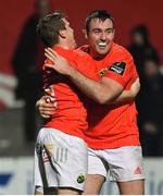 14 February 2020; Neil Cronin of Munster celebrates with team-mate Niall Scannell, right, after scoring their side's sixth try during the Guinness PRO14 Round 11 match between Munster and Isuzu Southern Kings at Irish Independent Park in Cork. Photo by Brendan Moran/Sportsfile