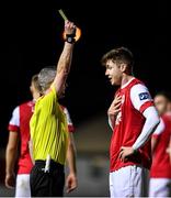 14 February 2020; Rory Feely of St Patrick's Athletic is shown a yellow card by referee Sean Grant during the SSE Airtricity League Premier Division match between St Patrick's Athletic and Waterford United at Richmond Park in Dublin. Photo by Sam Barnes/Sportsfile
