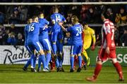 14 February 2020; Karl O'Sullivan of Finn Harps, hidden, celebrates with team-mates after scoring his side's first goal during the SSE Airtricity League Premier Division match between Finn Harps and Sligo Rovers at Finn Park in Ballybofey, Donegal. Photo by Oliver McVeigh/Sportsfile