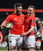 14 February 2020; Shane Daly of Munster, left, celebrates with team-mate Nick McCarthy after scoring their side's tenth try during the Guinness PRO14 Round 11 match between Munster and Isuzu Southern Kings at Irish Independent Park in Cork. Photo by Brendan Moran/Sportsfile