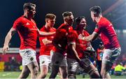 14 February 2020; Arno Botha of Munster, second from right, celebrates with team-mates after scoring a try during the Guinness PRO14 Round 11 match between Munster and Isuzu Southern Kings at Irish Independent Park in Cork. Photo by Brendan Moran/Sportsfile
