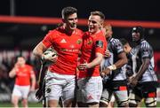 14 February 2020; Shane Daly of Munster, left, celebrates with team-mate Nick McCarthy after scoring their side's tenth try during the Guinness PRO14 Round 11 match between Munster and Isuzu Southern Kings at Irish Independent Park in Cork. Photo by Brendan Moran/Sportsfile