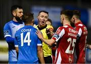 14 February 2020; Referee Damien MacGraith in discussion with Mark Coyle of Finn Harps and Niall Morahan of Sligo Rovers during the SSE Airtricity League Premier Division match between Finn Harps and Sligo Rovers at Finn Park in Ballybofey, Donegal. Photo by Oliver McVeigh/Sportsfile