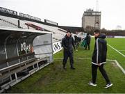 15 February 2020; Referee Rob Hennessy inspects the dugouts prior to the SSE Airtricity League Premier Division match between Bohemians and Shamrock Rovers at Dalymount Park in Dublin. Photo by Stephen McCarthy/Sportsfile