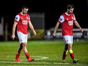 14 February 2020; Robbie Benson, left, and Billy King of St Patrick's Athletic look dejected following the SSE Airtricity League Premier Division match between St Patrick's Athletic and Waterford United at Richmond Park in Dublin. Photo by Harry Murphy/Sportsfile