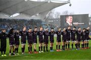 1 February 2020; The Leinster team stand for a minute's silence for former Munster Rugby CEO Garrett Fitzgerald before the Guinness Six Nations Rugby Championship match between Ireland and Scotland at the Aviva Stadium in Dublin. Photo by Ramsey Cardy/Sportsfile