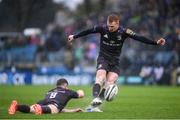 15 February 2020; Ciarán Frawley of Leinster kicks a penalty assisted by team-mate Luke McGrath during the Guinness PRO14 Round 11 match between Leinster and Toyota Cheetahs at the RDS Arena in Dublin. Photo by Ramsey Cardy/Sportsfile