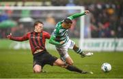15 February 2020; Graham Burke of Shamrock Rovers in action against Kris Twardek of Bohemians during the SSE Airtricity League Premier Division match between Bohemians and Shamrock Rovers at Dalymount Park in Dublin. Photo by Stephen McCarthy/Sportsfile