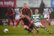 15 February 2020; Andy Lyons of Bohemians tackles Graham Burke of Shamrock Rovers, resulting in a red card, during the SSE Airtricity League Premier Division match between Bohemians and Shamrock Rovers at Dalymount Park in Dublin. Photo by Stephen McCarthy/Sportsfile