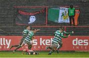 15 February 2020; Aaron Greene of Shamrock Rovers, far left, celebrates after scoring his side's first goal with team-mates during the SSE Airtricity League Premier Division match between Bohemians and Shamrock Rovers at Dalymount Park in Dublin. Photo by Seb Daly/Sportsfile