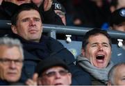 15 February 2020; Former Republic of Ireland international and current FAI Interim Deputy Chief Executive Niall Quinn, left, with Minster for Finance Paschal Donohoe TD in attendance during to the SSE Airtricity League Premier Division match between Bohemians and Shamrock Rovers at Dalymount Park in Dublin. Photo by Stephen McCarthy/Sportsfile