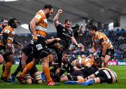 15 February 2020; Leinster players, from left, Max Deegan, Luke McGrath and Peter Dooley celebrate a try scored by team-mate Rónan Kelleher during the Guinness PRO14 Round 11 match between Leinster and Toyota Cheetahs at the RDS Arena in Dublin. Photo by Ramsey Cardy/Sportsfile