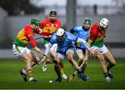 15 February 2020; Jake Malone of Dublin in action against Paul Coady, left, and Jack Kavanagh of Carlow during the Allianz Hurling League Division 1 Group B Round 3 match between Carlow and Dublin at Netwatch Cullen Park in Carlow. Photo by David Fitzgerald/Sportsfile