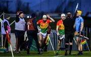 15 February 2020; Jack Kavanagh of Carlow remonstrates with sideline official Cathal McAllister during the Allianz Hurling League Division 1 Group B Round 3 match between Carlow and Dublin at Netwatch Cullen Park in Carlow. Photo by David Fitzgerald/Sportsfile