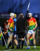 15 February 2020; Jack Kavanagh of Carlow remonstrates with sideline official Cathal McAllister during the Allianz Hurling League Division 1 Group B Round 3 match between Carlow and Dublin at Netwatch Cullen Park in Carlow. Photo by David Fitzgerald/Sportsfile
