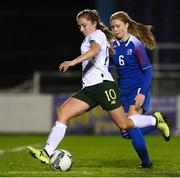 14 February 2020; Ellen Molloy of Republic of Ireland in action against Mikaela Nótt Pétursdóttir of Iceland during the Women's Under-17s International Friendly between Republic of Ireland and Iceland at the RSC in Waterford United. Photo by Matt Browne/Sportsfile