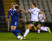 14 February 2020; Ellen Molloy of Republic of Ireland in action against Mikaela Nótt Pétursdóttir of Iceland during the Women's Under-17s International Friendly between Republic of Ireland and Iceland at the RSC in Waterford United. Photo by Matt Browne/Sportsfile