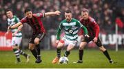 15 February 2020; Jack Byrne of Shamrock Rovers in action against Keith Buckley, left, and JJ Lunney of Bohemians during the SSE Airtricity League Premier Division match between Bohemians and Shamrock Rovers at Dalymount Park in Dublin. Photo by Stephen McCarthy/Sportsfile